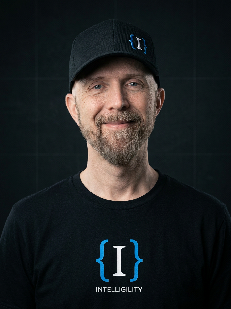 Joseph S. Kahn, founder of Intelligility, wearing an Intelligility cap and t-shirt