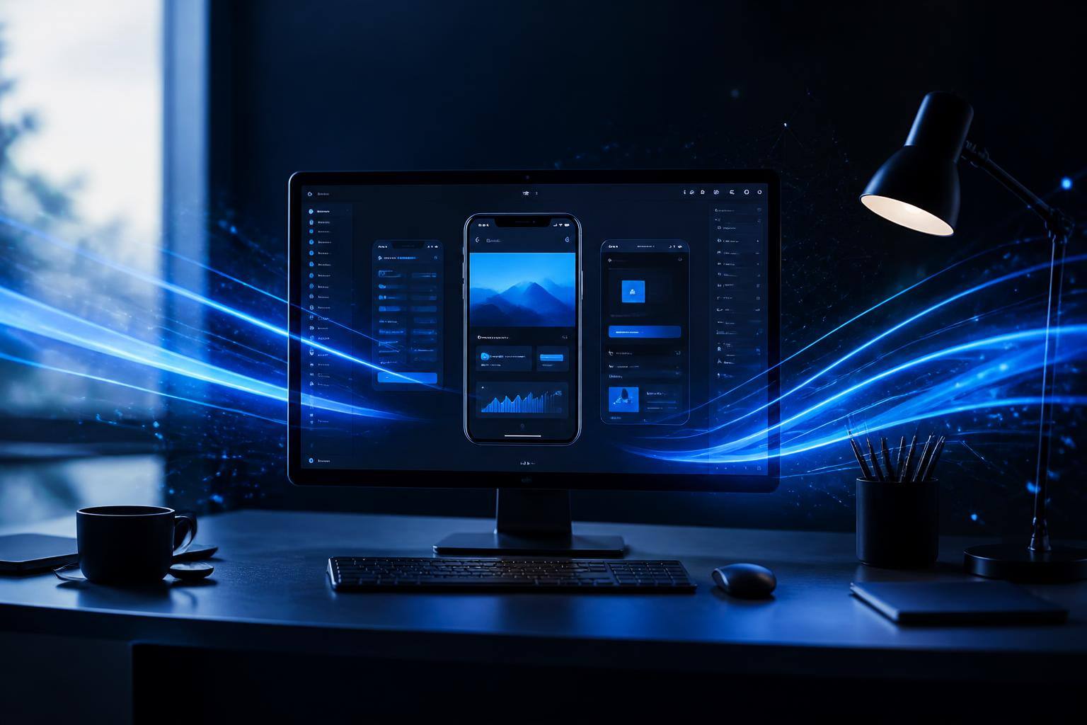 A working prototype running on screen in a builder's workspace, lit with electric blue light trails