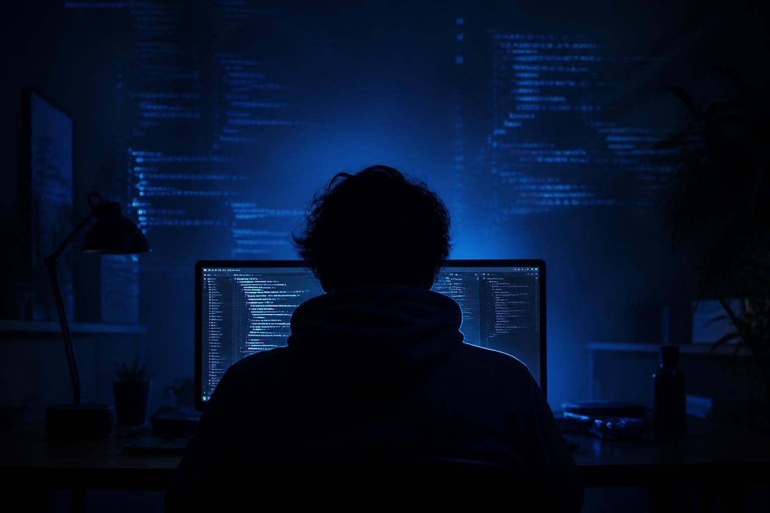 A builder alone at a desk late at night, screen glowing in front of them, surrounded by the quiet tension of an unfinished idea